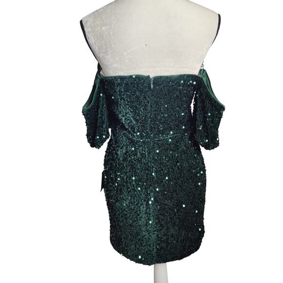 NWT Lulus Sz XL All Aglitter Emerald Green Sequin Off the Shoulder Mini Dress - Picture 7 of 9